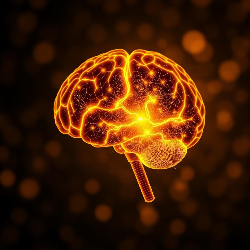 Illustration of neurons firing with honey-gold synapse activity